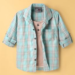 Dapper Dudes Full Sleeves Checked Shirt With Attached Tee - Peach-image-65