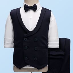 Babyhug Knit Full Sleeves 3 Piece Soild Color Party Suit - Navy Blue & White-image-2