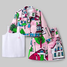Ollington St. Cotton Lycra Twill Printed Full Sleeves Jacket & Skirt with Knit Inner Top - Light Pink-image-58