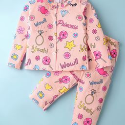 Smarty Girls Cotton Full Sleeves Night Suit with Text Print - Peach-image-10