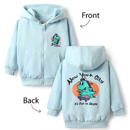 Bonfino 100% Cotton Fleece Full Drop Shoulder Sleeves Hooded Sweatjacket with Front & Back Dino Print - Aqua Blue-image-75
