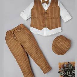 Rikidoos Full Sleeves Striped 3 Piece Party Suit Set With Bow & Cap - Brown & White-picture-32