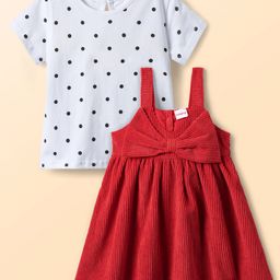 Babyhug Cotton Woven Frock & Half Sleeves Inner Tee With Polka Dot Print & Bow Applique - Red & White-picture-19