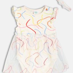 MINI KLUB Cotton Knit Frill Sleeves Abstract Printed Frock Style Onesie With Headband - Multi Colour-picture-18