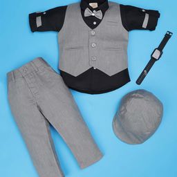 Rikidoos Full Sleeves Solid 3 Piece Party Suit Set With Bow & Cap - Black & Grey-picture-33