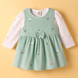 ToffyHouse Corduroy Woven Knit Frocks & Full Sleeves Inner Tee Set with Bow Applique Floral Embroidery & Print - Light Green-picture-14
