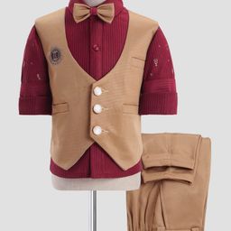 Radutu Full Sleeves Ribbed & Microphone Printed 3 Piece Party Suit With Bow Set - Maroon & Fawn-image-98