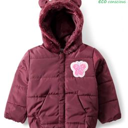 Babyoye Woven Full Sleeves Solid Dyed Hooded Padded Jacket With Butterfly Patch & Kangaroo Pockets - Wine-picture-19