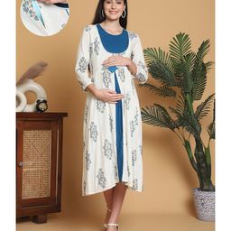 Moms Maternity Cotton Blend Woven Three Fourth Bell Sleeves Floral Printed Maternity Kurti Dress With Side Seam Nursing Access - Off White-image-12