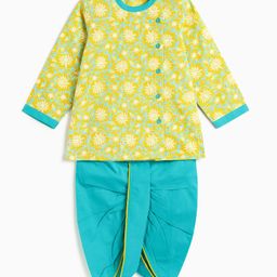 Campana 100% Cotton Woven Full Sleeves Floral Printed Dhoti Kurta Set - Lime & Turquoise-image-50