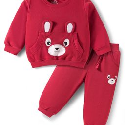 Doodle Poodle 100% Cotton Looper Terry Knit Full Sleeves Winter Wear Suit Set with Animal Print & Ear Applique - Chilli Pepper Red-picture-16