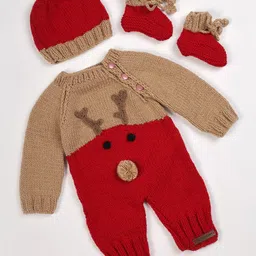 The Original Knit Knit Full Sleeves Reindeer Designed Romper With Cap Mittens & Socks Set - Red & Beige-picture-2