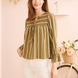 HERE&NOW Women Olive Crepe Striped Flared Sleeve Top-picture-35
