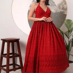 PRENEA Women Ethnic Motifs Embroidered Halter Neck Gown Maxi Dress-image-3