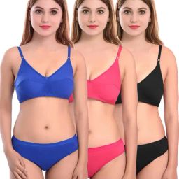 AROUSY Pink & Blue Cotton Bra Panty Set - Pack Of 3-image-100