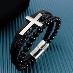 Peora Black Stainless Steel Leather Bracelet-image-62
