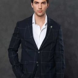 Rare Rabbit Navy Tailored Fit Checks Formal Suit-image-32