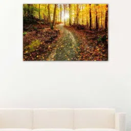 999store Yellow & Brown Sun Shining Through The Trees On A Path In A Golden Forest Canvas Painting-15