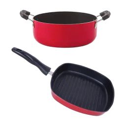 Nirlon Red Aluminium Non-Stick Grill Pan and Casserole Combo Cookware Set of 2-10