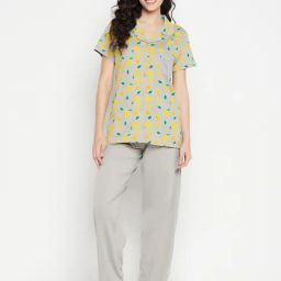 Clovia Grey Printed Cotton Shirt With Pyjamas-image-29