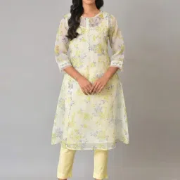 W Cream Floral Print A Line Kurta-picture-18