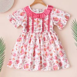 Bella Moda Girls Pink Cotton Three Fourth Sleeves Floral Printed Dress-image-58