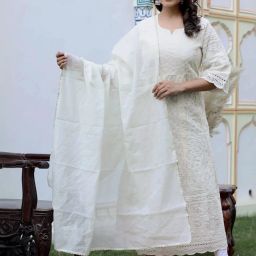 Miravan Cream Cotton A Line Embroidered Kurta With Dupatta image 1
