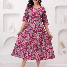 Sanganeri Kurti Women Floral Printed Cotton Fit & Flare Midi Dress-image-49