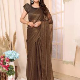 FABMORA Brown Striped Saree With Unstitched Blouse-picture-1