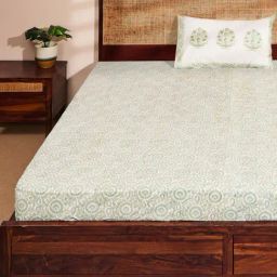Fabindia Standalone Green Cotton Printed 180 TC Single Bedsheet with 1 Pillow Cover-image-84