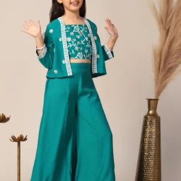 Fashion Dream Kids Teal Embroidered Crop Top With Palazzos And Jacket Set-picture-45