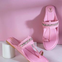 Preet Kaur Women Pink Embellished Kolhapuri Flats-48
