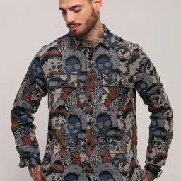 Showoff Grey Cotton Regular Fit Graphic Shacket-33