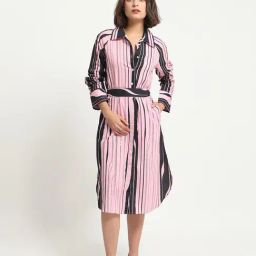 RAREISM Pink Cotton Striped Long Sleeves Dress-image-50
