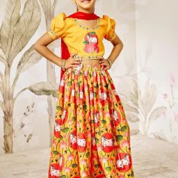 Vastramay Girls Mustard Regular Fit Printed Lehenga Choli-picture-27