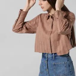 Only Brown Cotton Self Design Crop Shirt-image-68