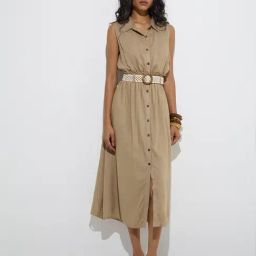 LOV by Westside Khaki Solid Linen Shirt Dress with Belt-image-44