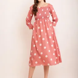 69 FASHION STREET Polka Dot Printed Smocked Crepe Fit and Flare Midi Dress-image-83