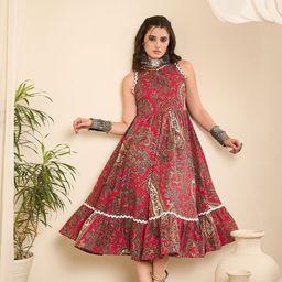 WineRed Women Paisley Printed Sleeveless Fit & Flare Midi Dress-image-20