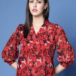 plusS Red Floral Printed Mandarin Collar Ruffled Shirt Style Top-picture-53