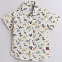 Polka Tots Half Sleeves Dino Printed Shirt - White-image-18