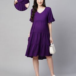 MomToBe Half Sleeves Solid Tiered Maternity Dress With Concealed Zipper Nursing Access - Purple-image-21