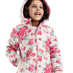 Babyhug Woven Full Sleeves Floral Printed Jacket with Hood - Pink-image-40