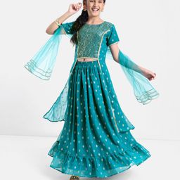 Pine Kids Woven Half Sleeves Lehenga Choli Set With Sequine Detailing & Embroidered- Teal Blue-image-3