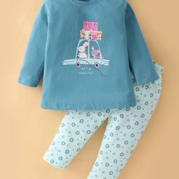 Cucumber Cotton Sinker Knit Full Sleeves Night Suit Car Print - Green-image-36