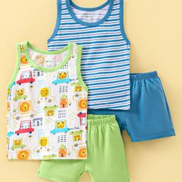 OHMS Cotton Knit Single Jersey Sleeveless Night Suit With Striped & Wild Animal Print Pack of 2 - Blue & Green-image-56