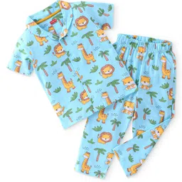 Babyhug Cotton Knit Half Sleeves Night Suit Safari Print - Blue-picture-25