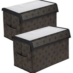 Kuber Industries Drawer Storage Box  Clothes Drawer Organizer with Handle  Transparent Lid with Velcro  Wardrobe Organizer for Books  Golden-Dot Dhakkan Storage Box  Small  Pack of 2  Black-96