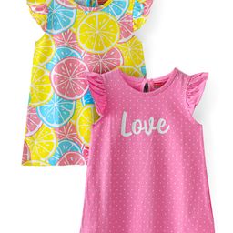 Babyhug Cotton Knit Frill Sleeves Lemon & Polka Dots Printed Nighty Pack of 2 - Multicolour-image-70