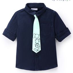 Babyoye  Cotton Spandex Woven Full Sleeves Solid Colour Party Shirt with Animal Printed Tie -  Blue-image-2